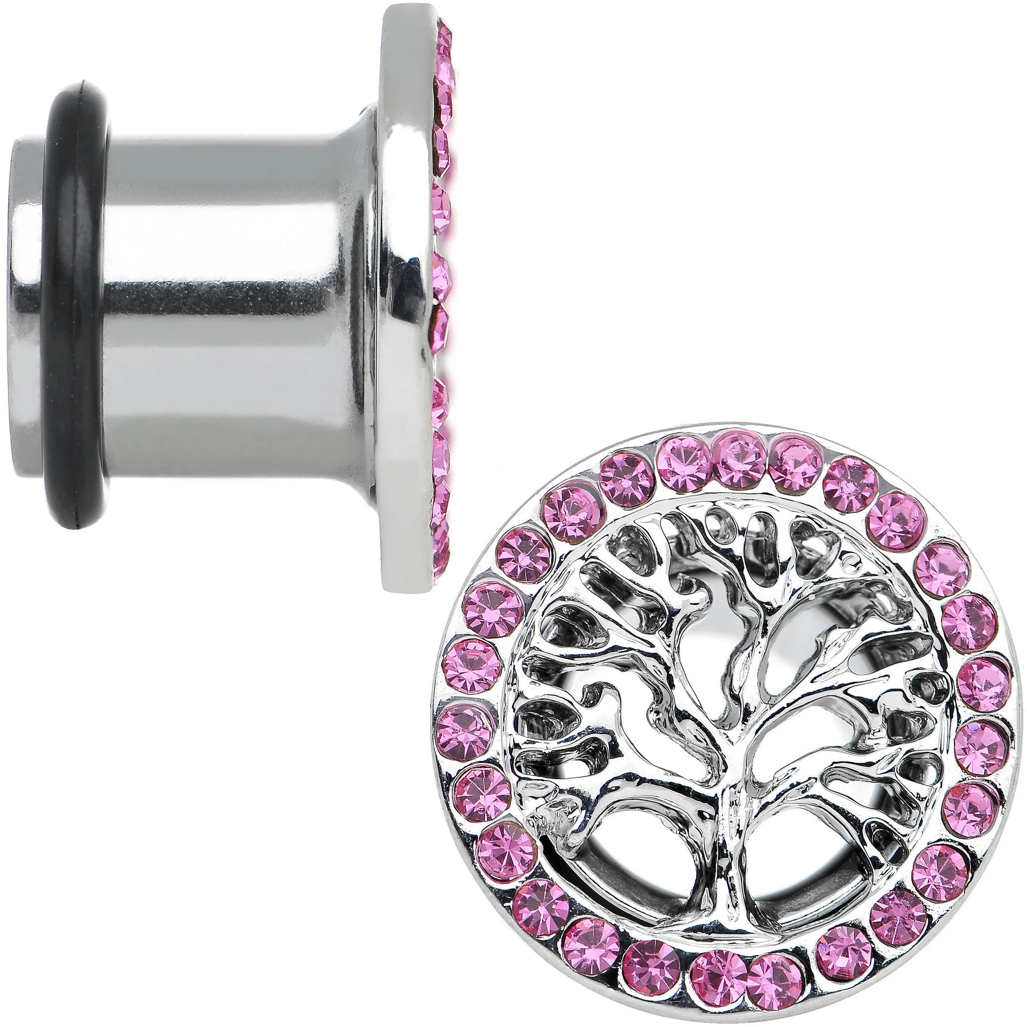 00 Gauge Pink Gem Stainless Steel Single Flare Tree of Life Plug Set