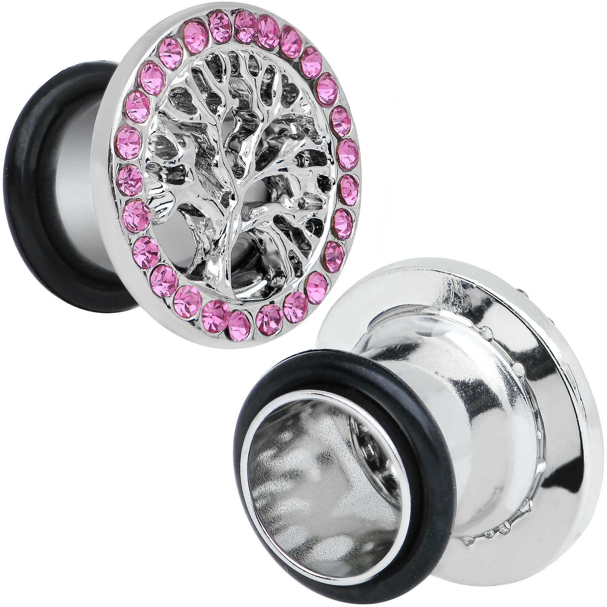 00 Gauge Pink Gem Stainless Steel Single Flare Tree of Life Plug Set