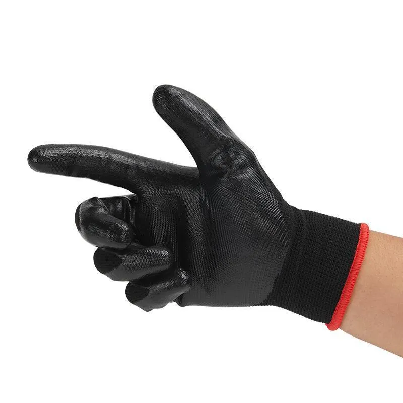 12 Pairs Of Black Free size Nitrile Work Safety Gloves Skid Resistant Oil Resistant Acid And Alkali Resistant Construction Protective Gloves