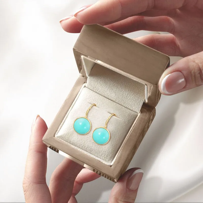 14K Yellow Gold Round Turquoise 8mm Dangle Earrings