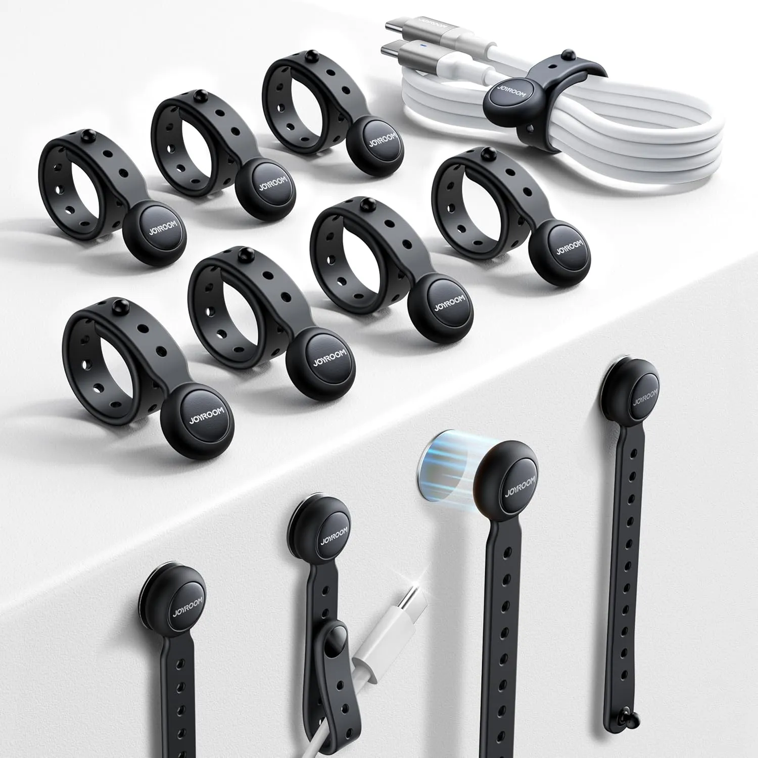 2025 Upgraded Magnetic Cable Ties with Magnets for Bundling & Cable Management JOYROOM Reusable Silicone Cord Ties Multi-Purpose Cord Organizer Clips for Home, Office & Travel (12-Pack,Black)