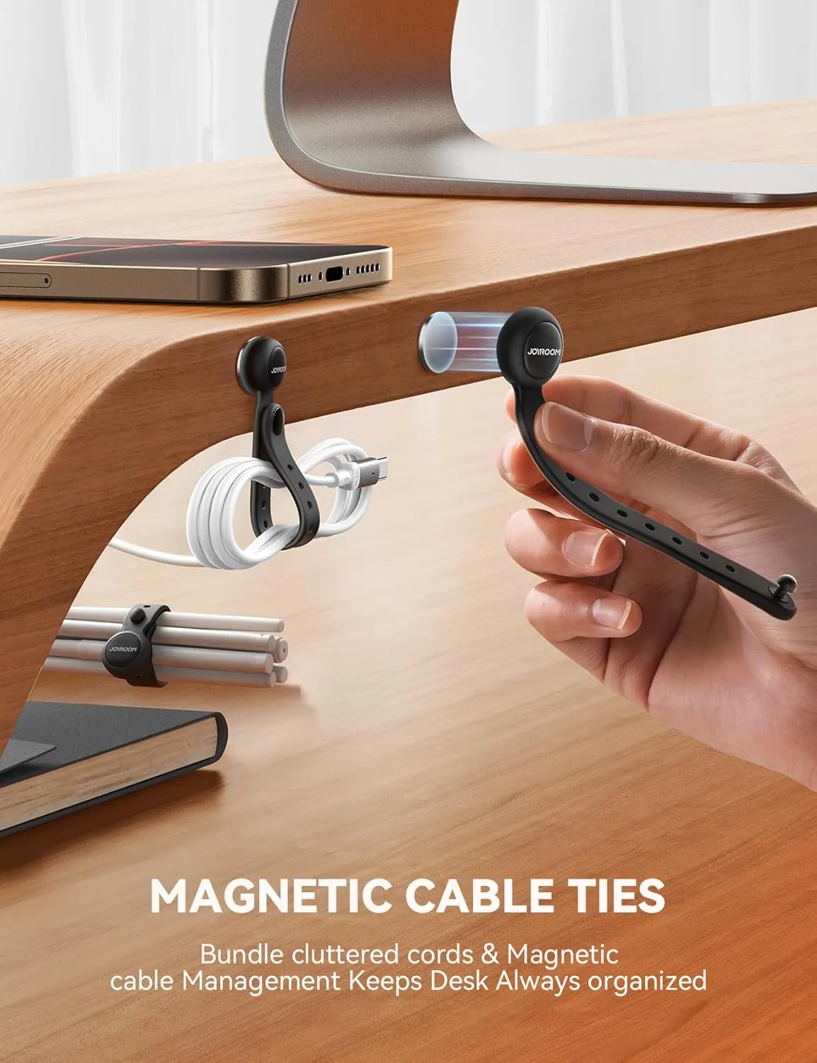2025 Upgraded Magnetic Cable Ties with Magnets for Bundling & Cable Management JOYROOM Reusable Silicone Cord Ties Multi-Purpose Cord Organizer Clips for Home, Office & Travel (12-Pack,Black)