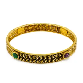 22K  Yellow Gold Bangles Set of 2 W/ Rubies, Emeralds & Antique Finish Mango Leaf Details