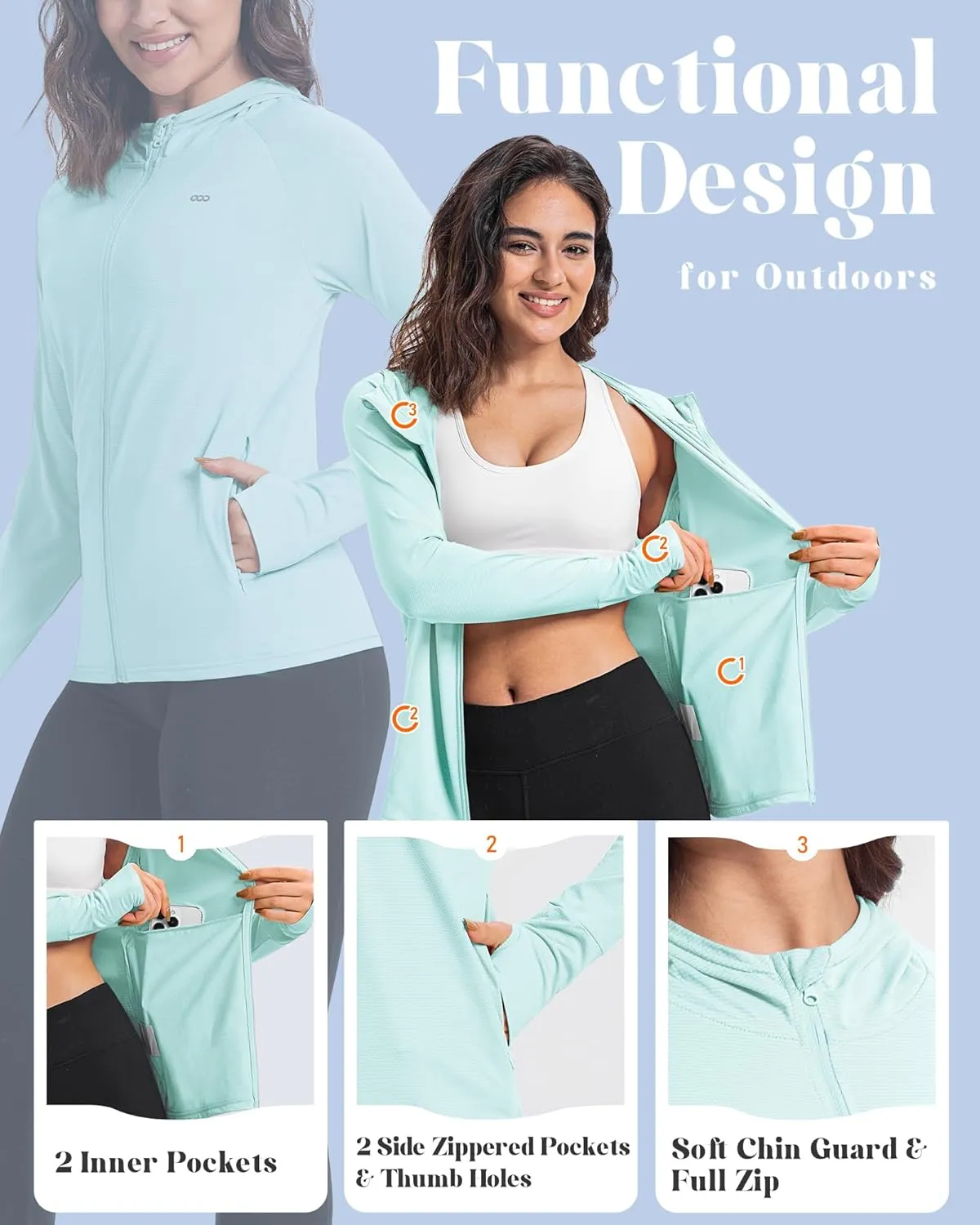 33,000ft Women's UPF 50  Sun Protection Jacket Lightweight Hoodie Zip Long Sleeve Athletic Shirt for Hiking Running