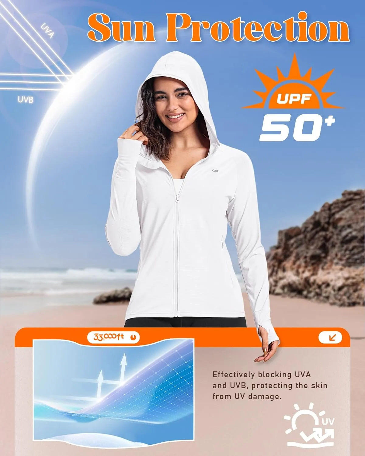 33,000ft Women's UPF 50  Sun Protection Jacket Lightweight Hoodie Zip Long Sleeve Athletic Shirt for Hiking Running
