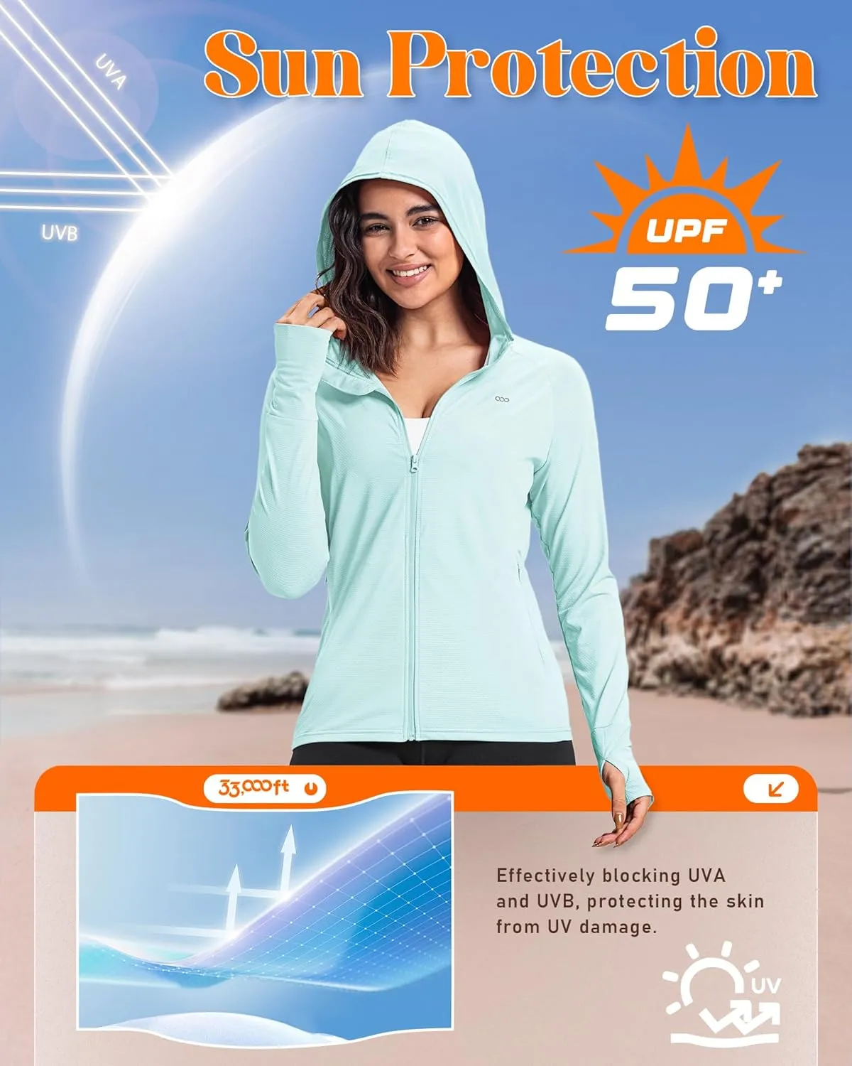 33,000ft Women's UPF 50  Sun Protection Jacket Lightweight Hoodie Zip Long Sleeve Athletic Shirt for Hiking Running