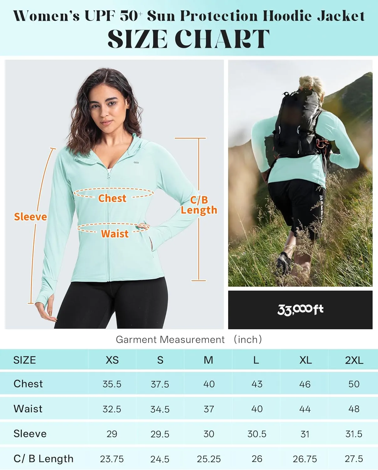 33,000ft Women's UPF 50  Sun Protection Jacket Lightweight Hoodie Zip Long Sleeve Athletic Shirt for Hiking Running