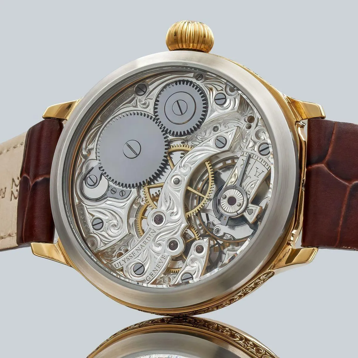50mm silver dial leather band wristwatch with ULYSSE NARDIN pocket watch arranged