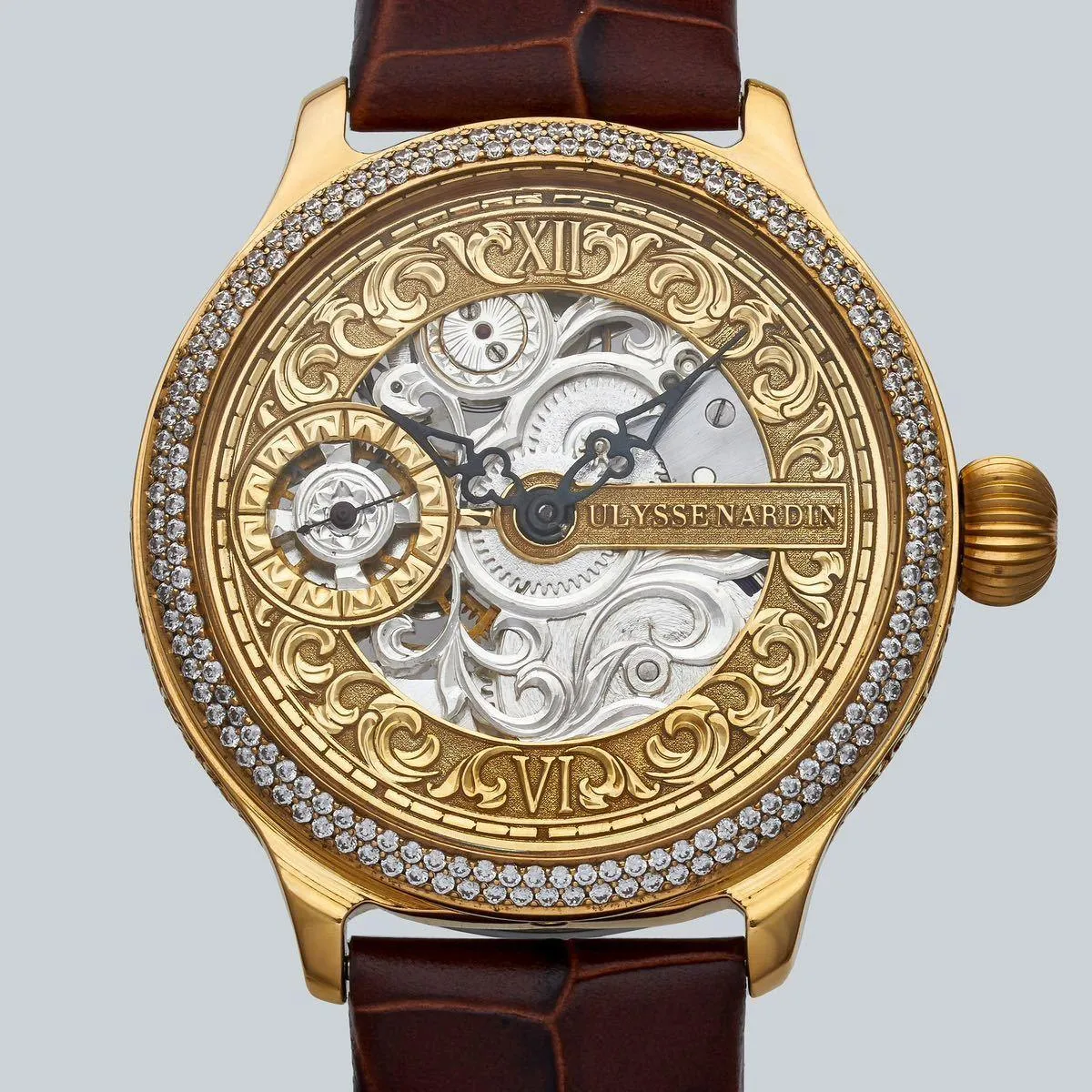 50mm silver dial leather band wristwatch with ULYSSE NARDIN pocket watch arranged