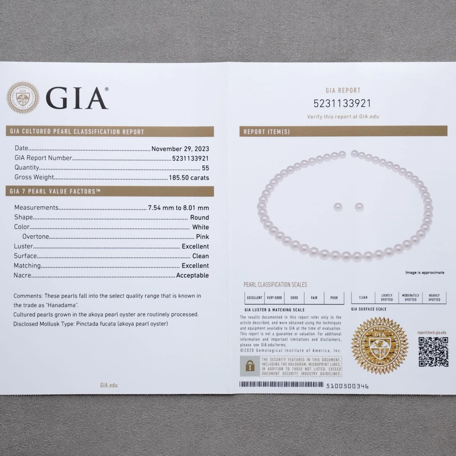 7.54-8.01 mm GIA Certified Hanadama Akoya Pearl Necklace & Earrings Set