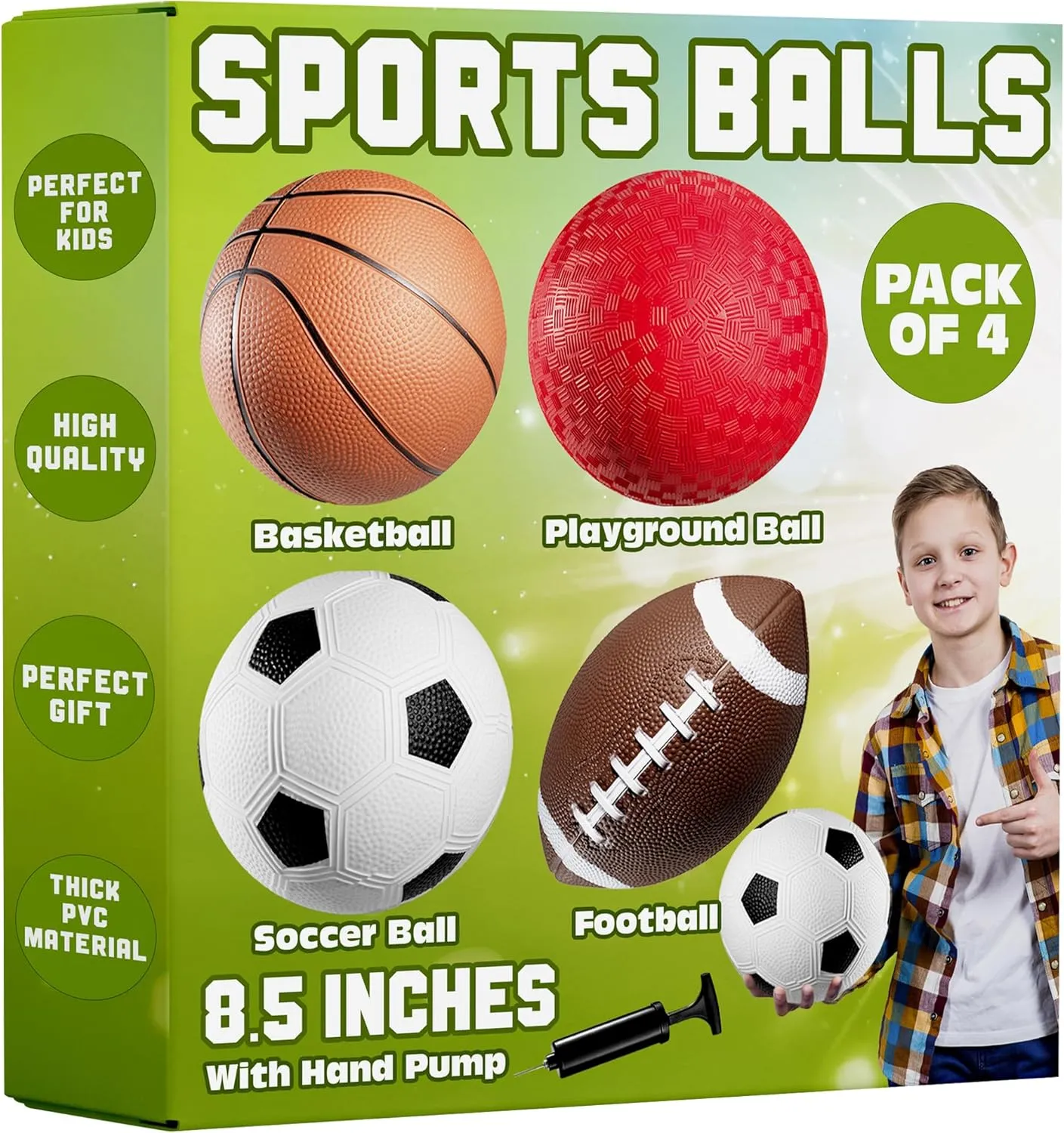8.5 Sports Balls for Kids & Toddlers - (Pack of 4) Rubber Inflatable Multi-Sport Ball Set - Football, Soccer Ball, Basketball & Playground Ball - Outdoor Toys for Boys & Girls, (Hand Pump Included)
