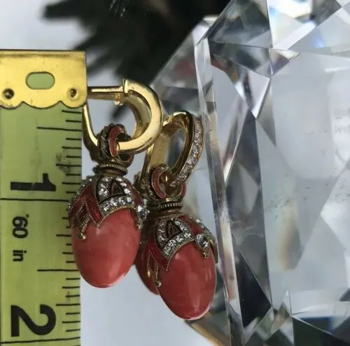925 Sterling Silver Enamel Egg Ornate Rhinestone Genuine Coral Pierced Earrings