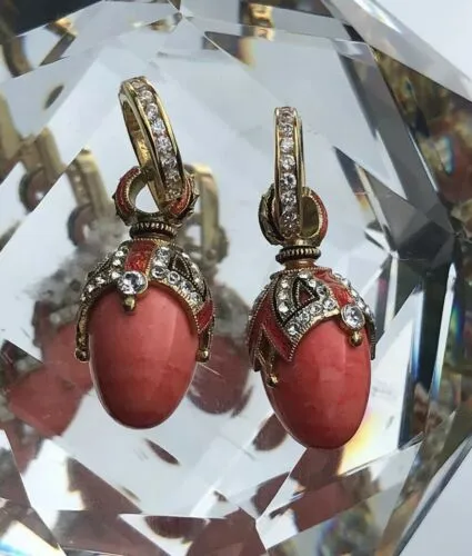 925 Sterling Silver Enamel Egg Ornate Rhinestone Genuine Coral Pierced Earrings