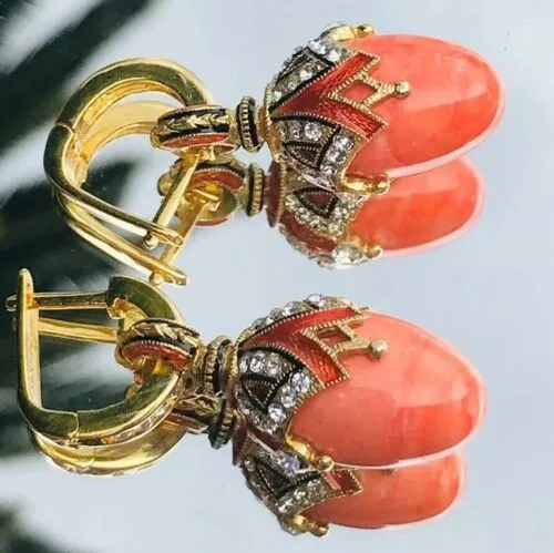 925 Sterling Silver Enamel Egg Ornate Rhinestone Genuine Coral Pierced Earrings