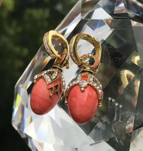 925 Sterling Silver Enamel Egg Ornate Rhinestone Genuine Coral Pierced Earrings