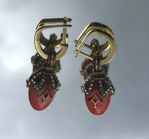 925 Sterling Silver Enamel Egg Ornate Rhinestone Genuine Coral Pierced Earrings