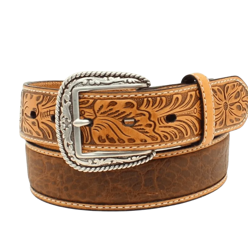 Ariat Men's Brown Crocodile Floral Tabs Leather Belt A1022008