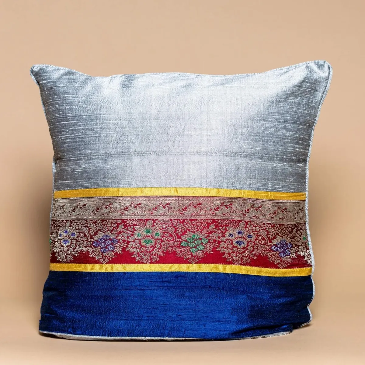 Banarasi Silk Cushion Cover in Gray & Navy