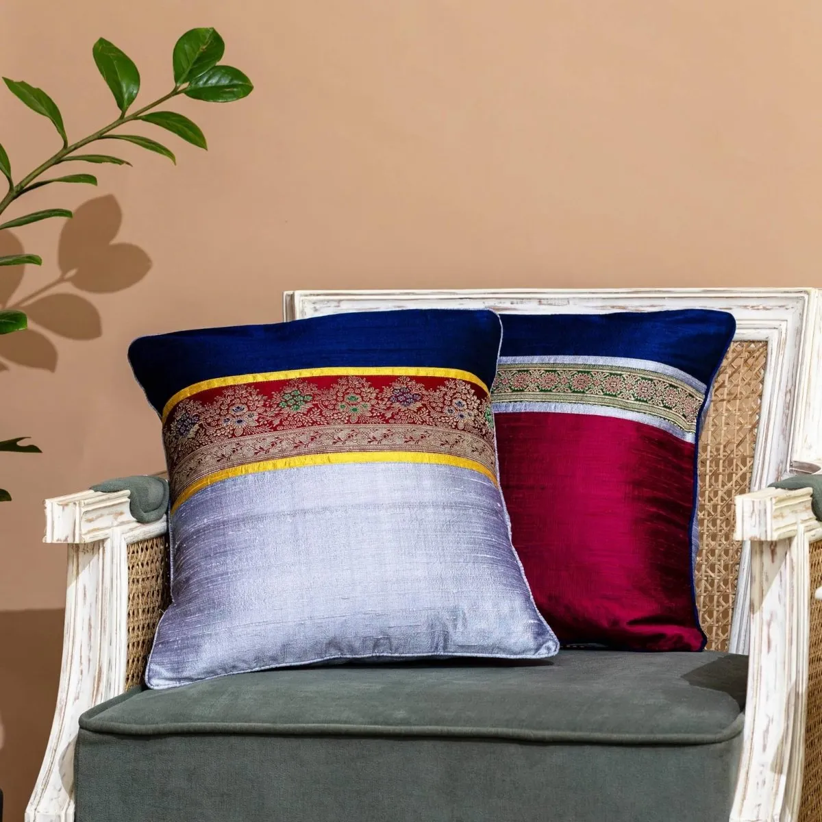 Banarasi Silk Cushion Cover in Gray & Navy