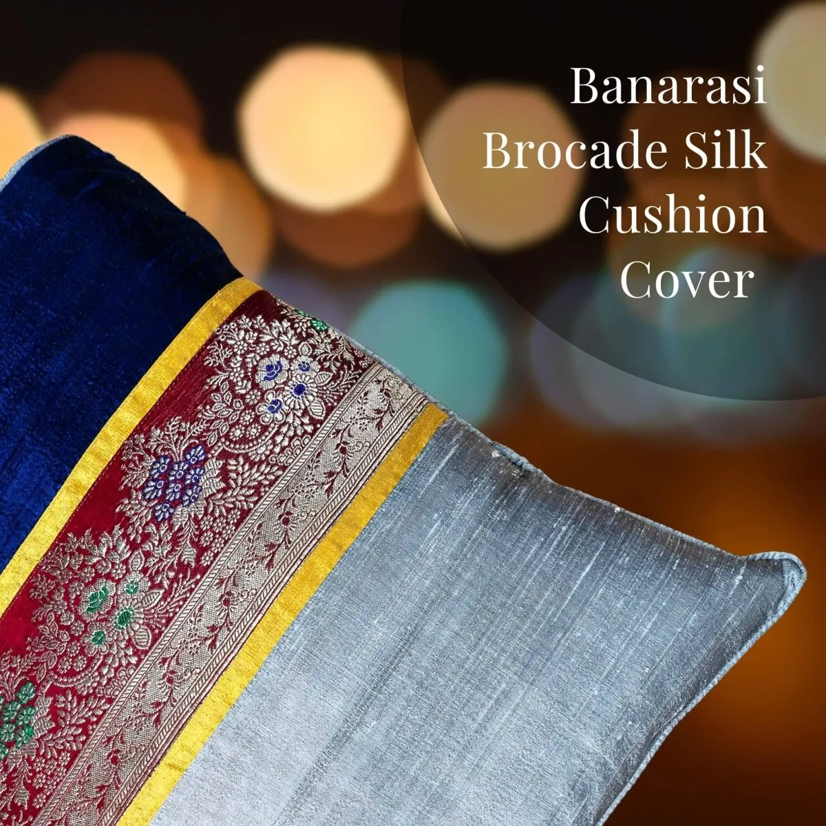Banarasi Silk Cushion Cover in Gray & Navy