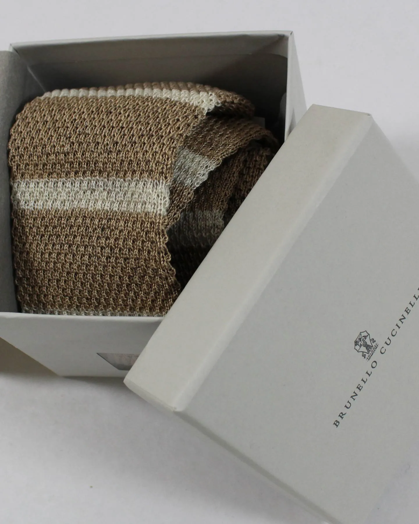 Brunello Cucinelli Square End Knitted Tie Taupe Stripes Linen Silk SALE