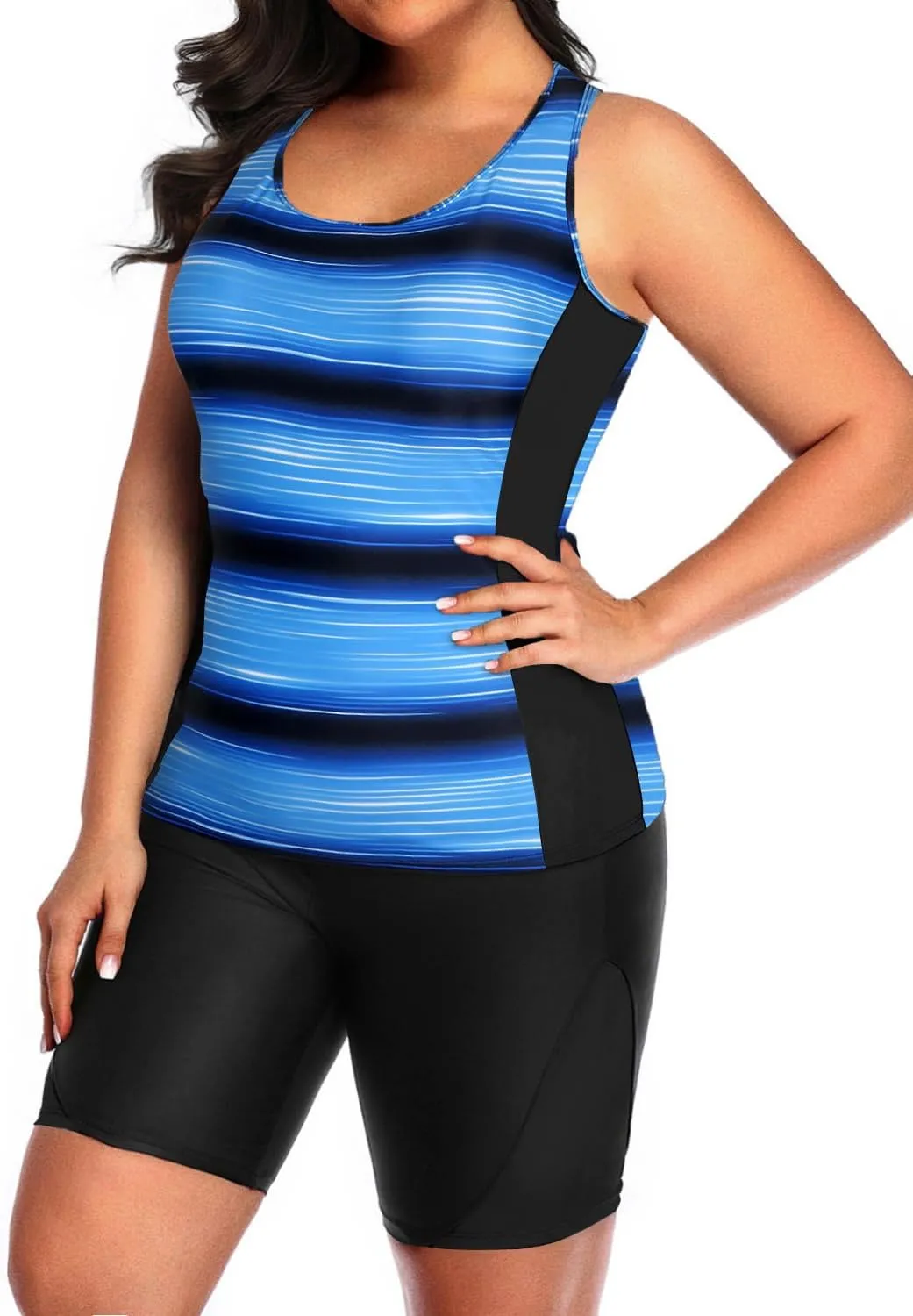 Daci Women's Plus Size Tankini Swimsuit - Two Piece Rash Guard with Capris Shorts and Athletic Racerback Bathing Suit