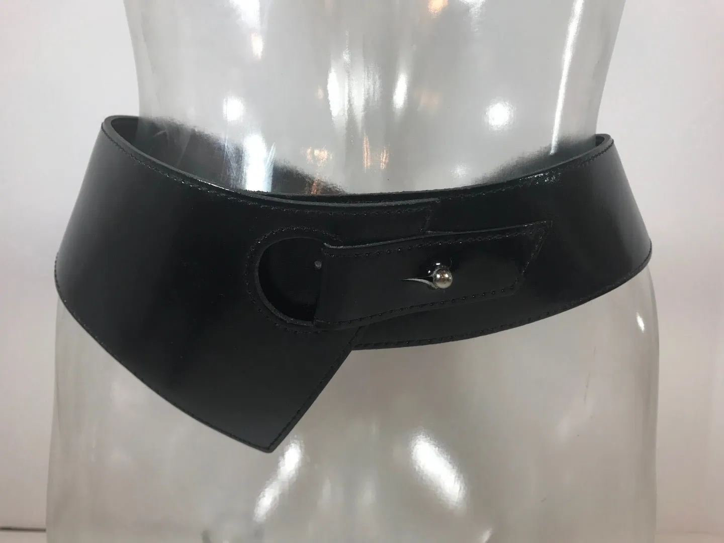 DEJAC France Patent Leather Black Wide Belt with Silver Stud Closure Size 44
