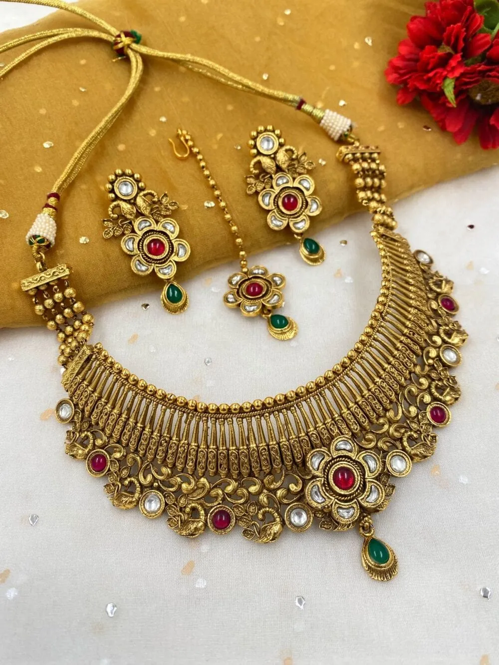 Designer Traditional Gold Plated Antique Golden Wedding Necklace Set For Ladies