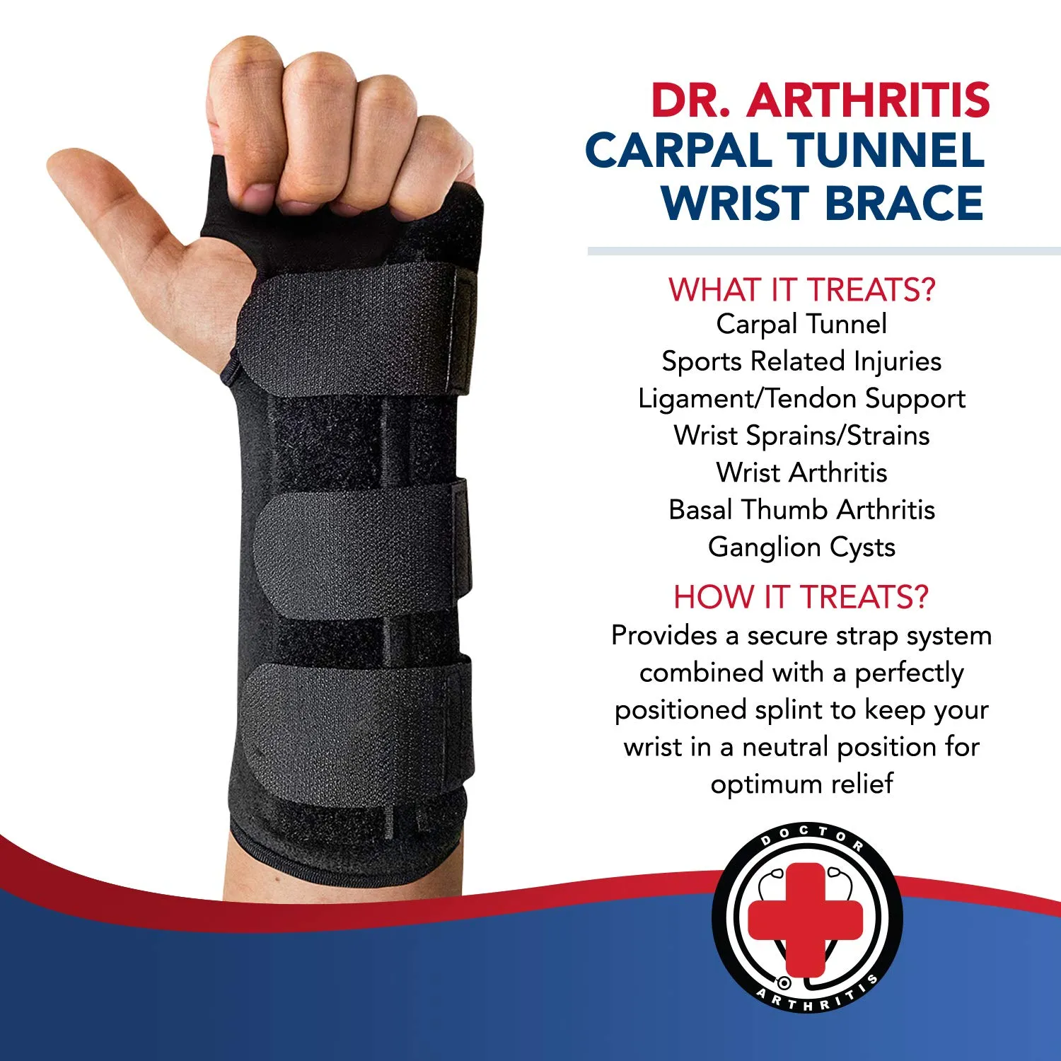 Doctor Developed Carpal Tunnel Wrist brace, Relief for carpal tunnel, wrist injuries, wrist support for arthritis, hand support with wrist splint (Left Hand)