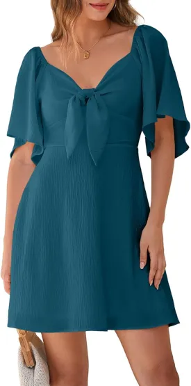 Dokotoo Womens Dresses 2025 Spring Summer Deep V Neck Elegant Bow tie Mini Dress S-XL