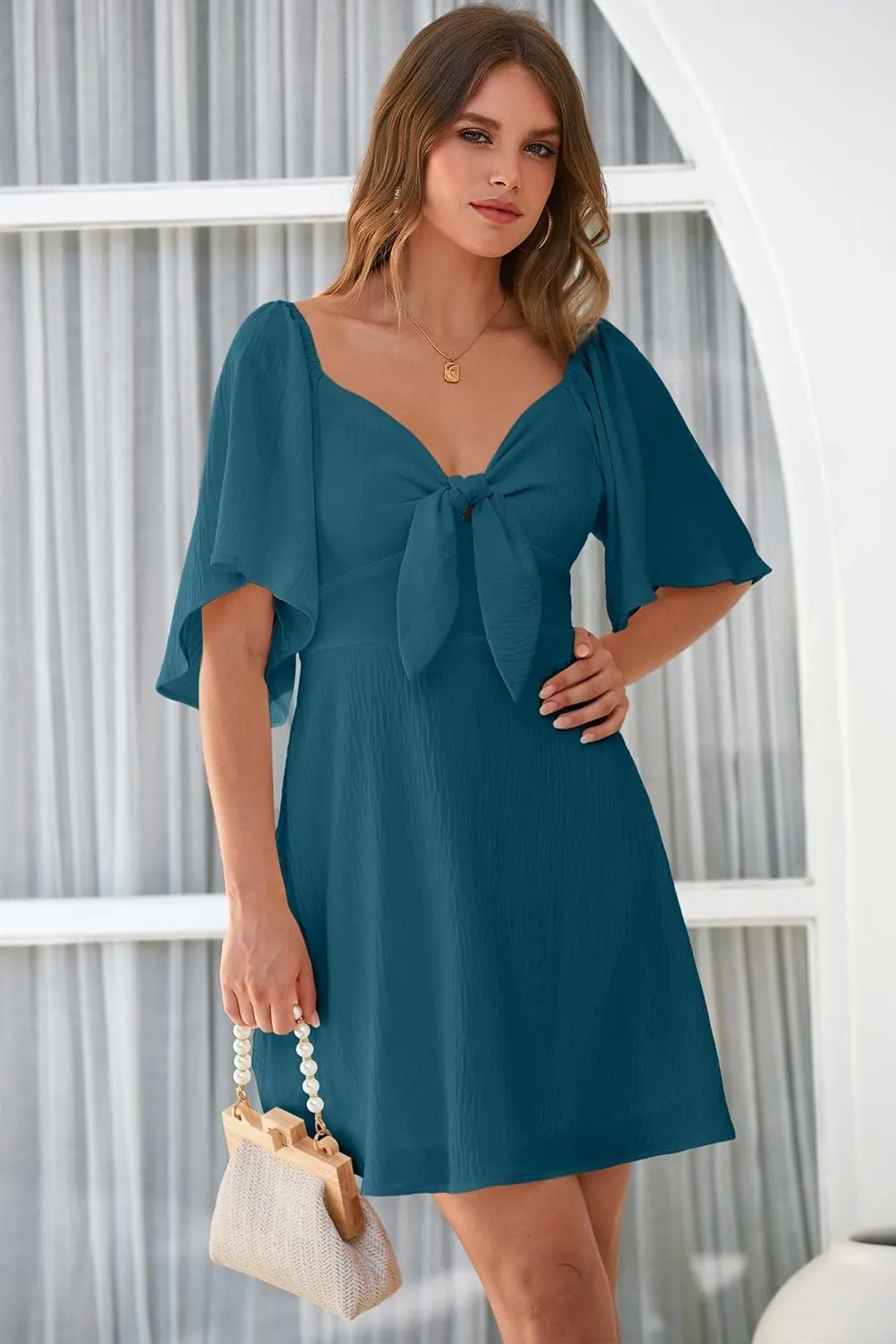 Dokotoo Womens Dresses 2025 Spring Summer Deep V Neck Elegant Bow tie Mini Dress S-XL