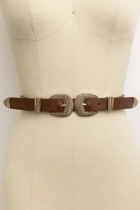 double buckle western belt - dark camel