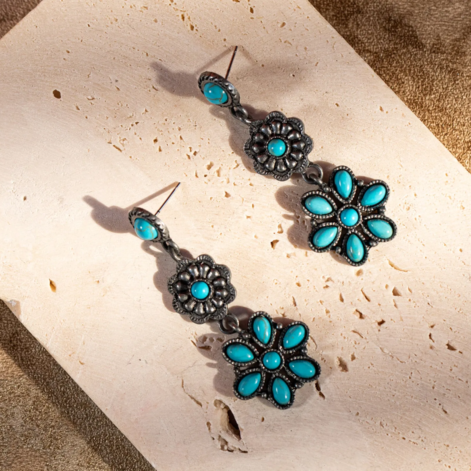 ER-1003  Rustic Couture  Turquoise  Squash Blossom Drop Earrings - By Pairs