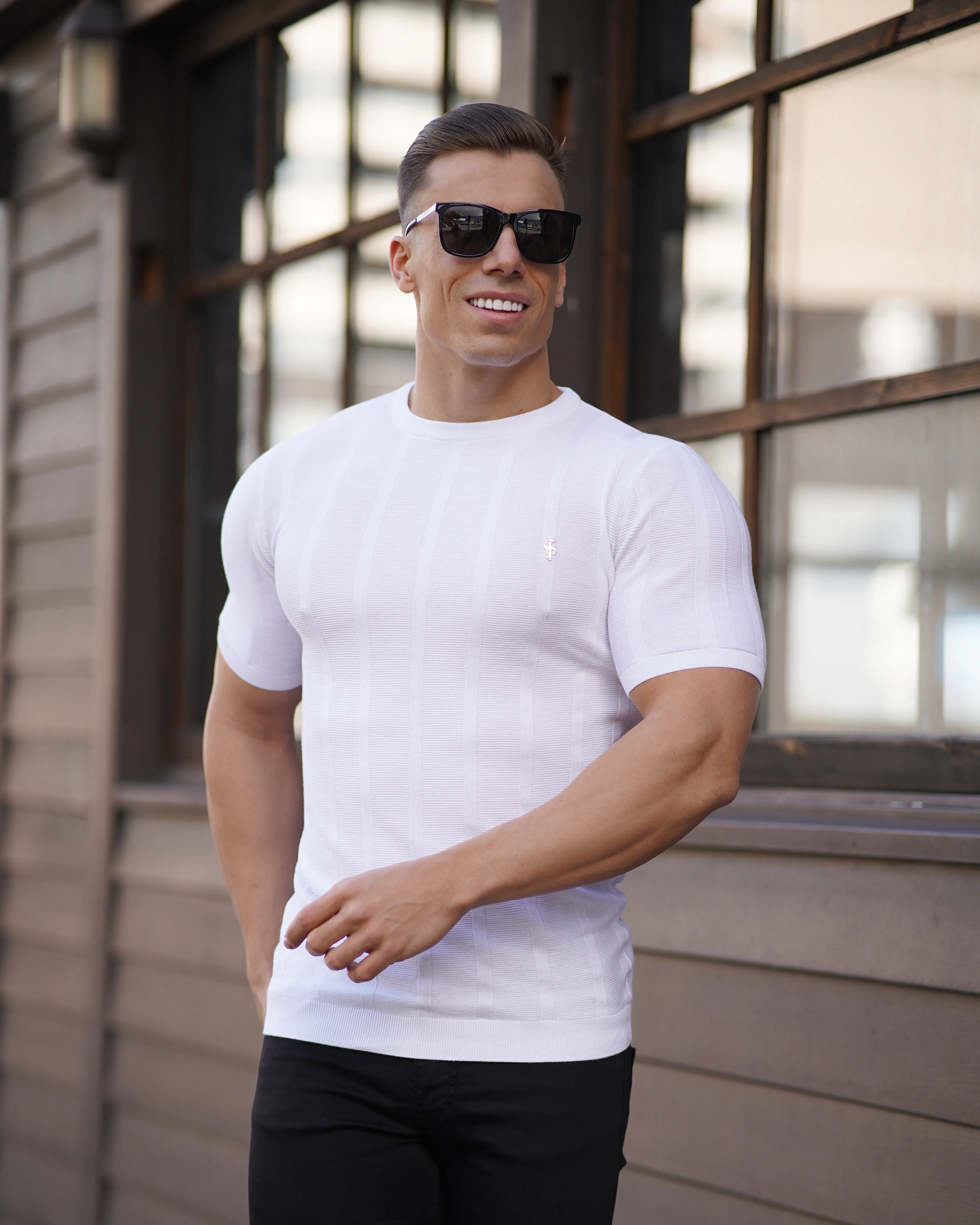 Father Sons Classic Short Sleeve White Knitted Wide Rib Crew with Gold Emblem - FSH512