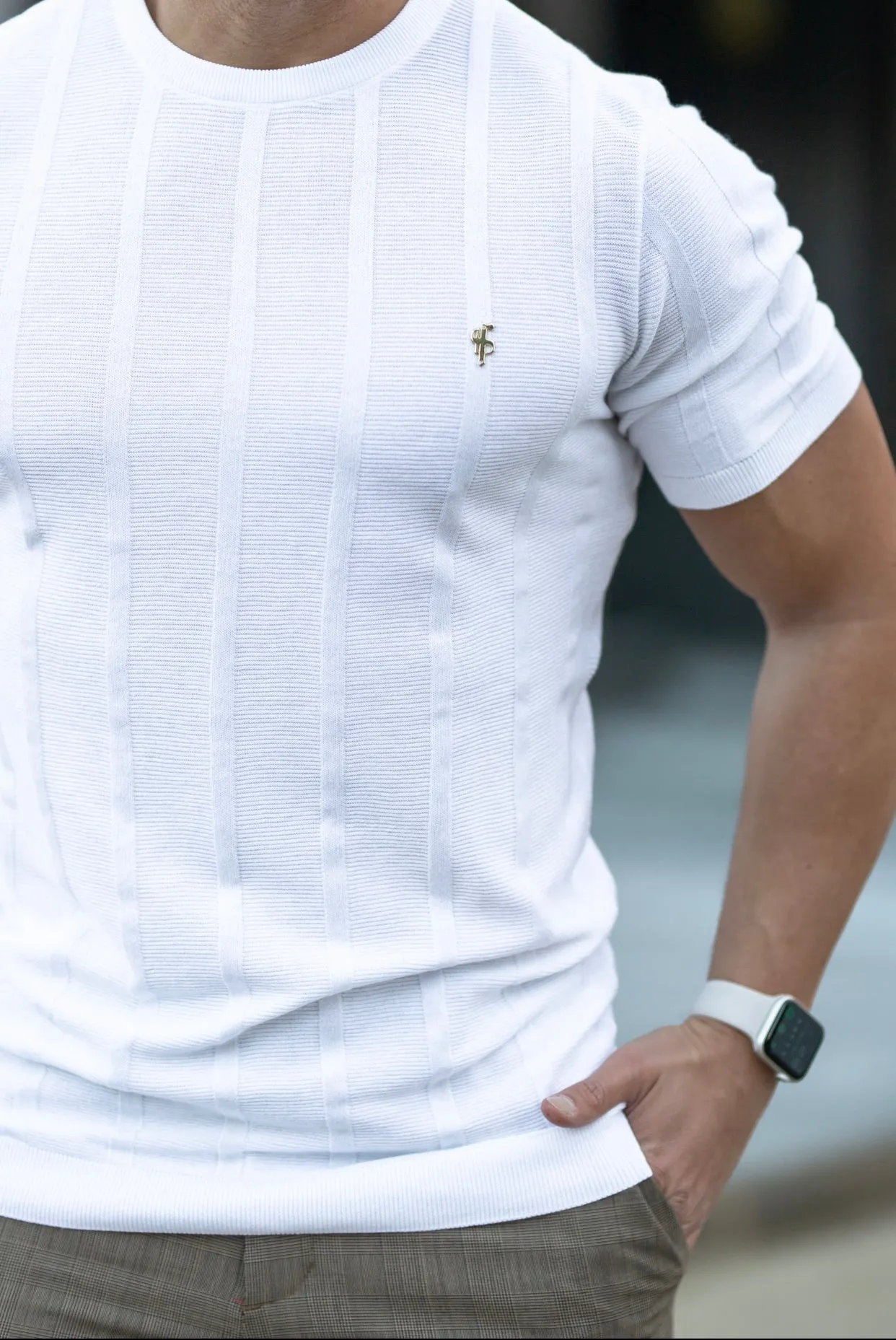 Father Sons Classic Short Sleeve White Knitted Wide Rib Crew with Gold Emblem - FSH512