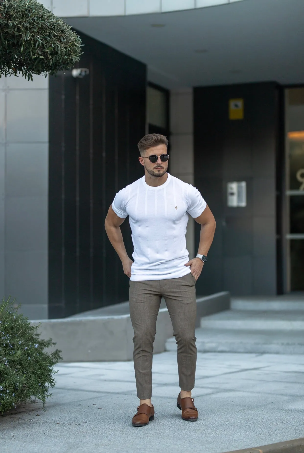 Father Sons Classic Short Sleeve White Knitted Wide Rib Crew with Gold Emblem - FSH512