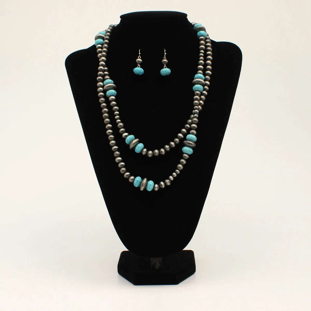 FAUX NAVAJO PEARL / TURQUOISE BEAD DOUBLE STRAND NECKLACE SET