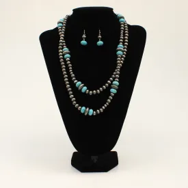 FAUX NAVAJO PEARL / TURQUOISE BEAD DOUBLE STRAND NECKLACE SET