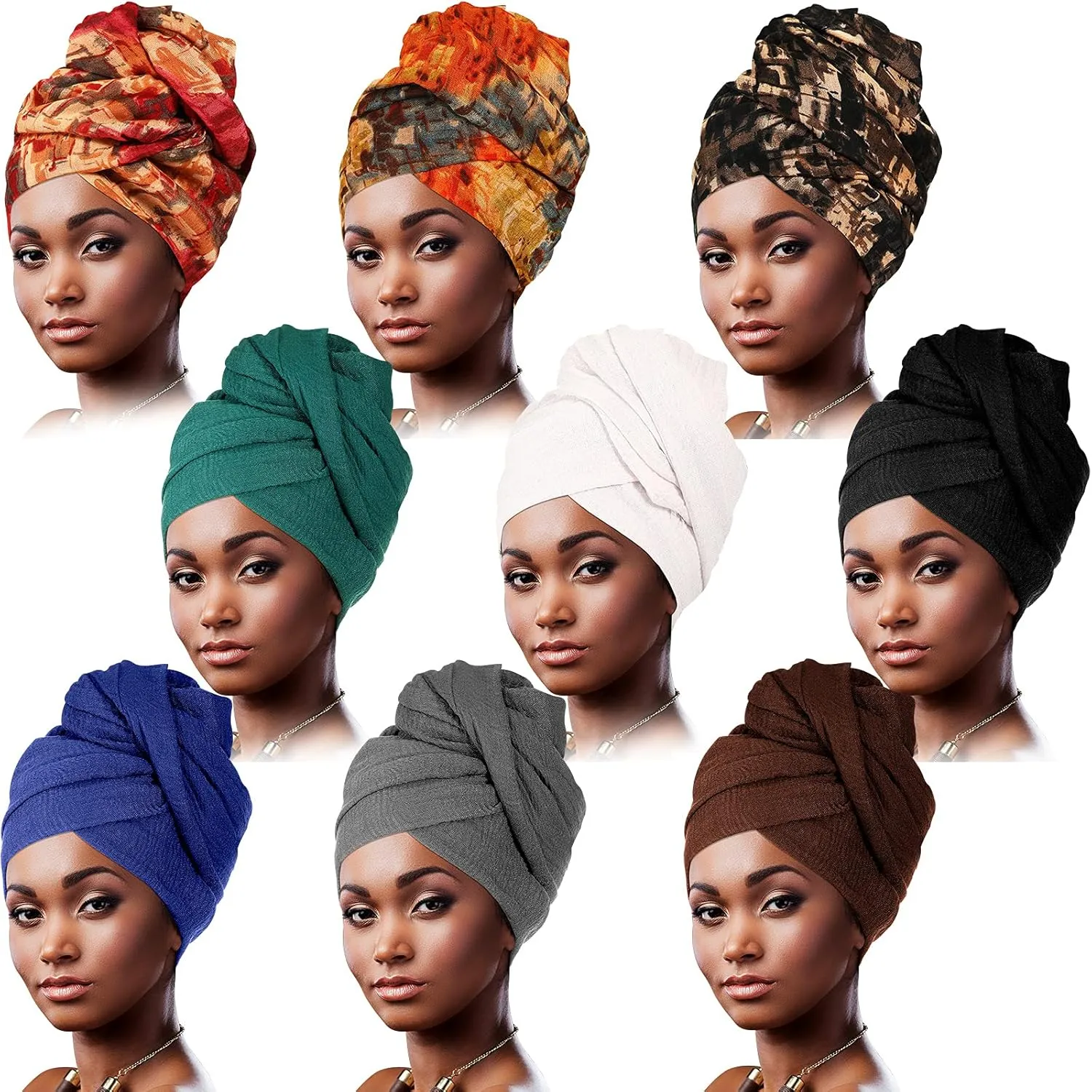 Geyoga 9 Pieces Head Wraps for Black Women Turban Head Wrap Scarf Soft Long Scarves Turban Wrap for African Women