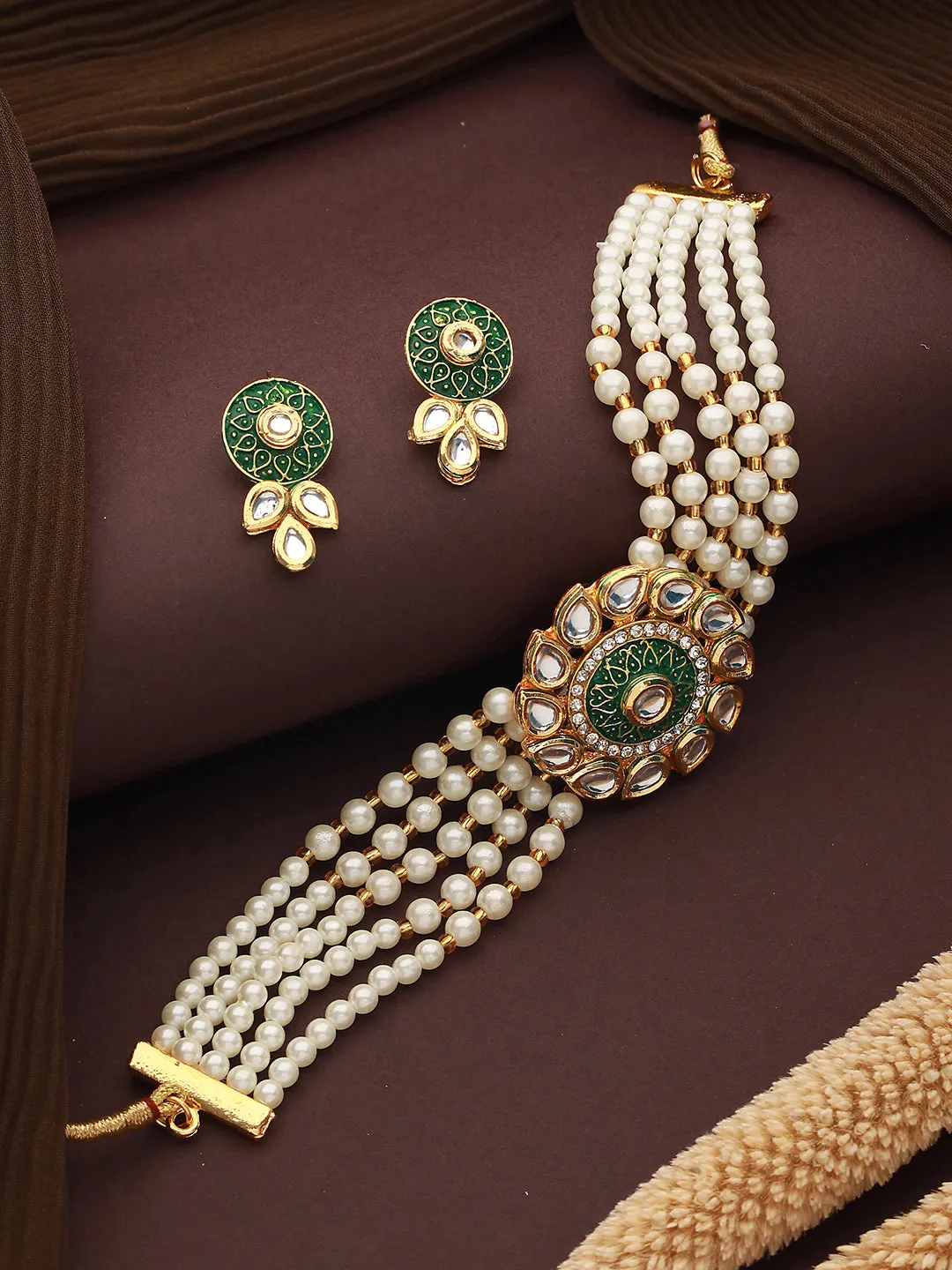 Gold-Plated Kundan-Studded & Beaded Meenakari Necklace & Earrings