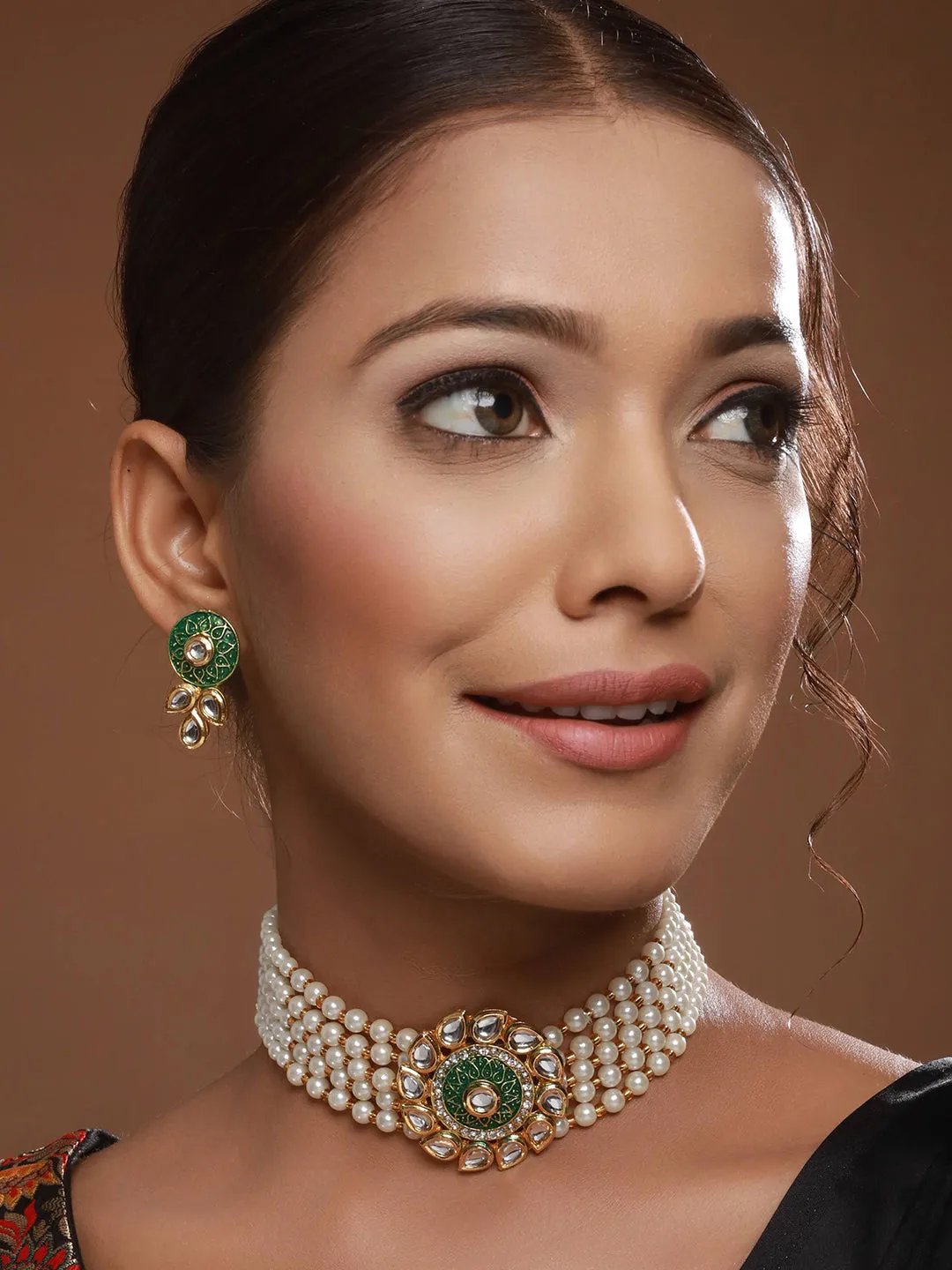 Gold-Plated Kundan-Studded & Beaded Meenakari Necklace & Earrings