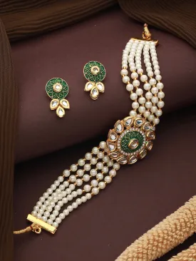 Gold-Plated Kundan-Studded & Beaded Meenakari Necklace & Earrings