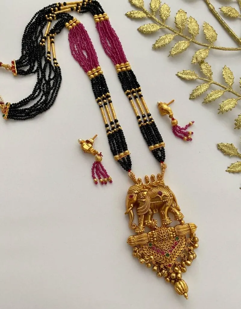 Gold Plated Long Antique Elephant Pendant Necklace Set By Gehna Shop