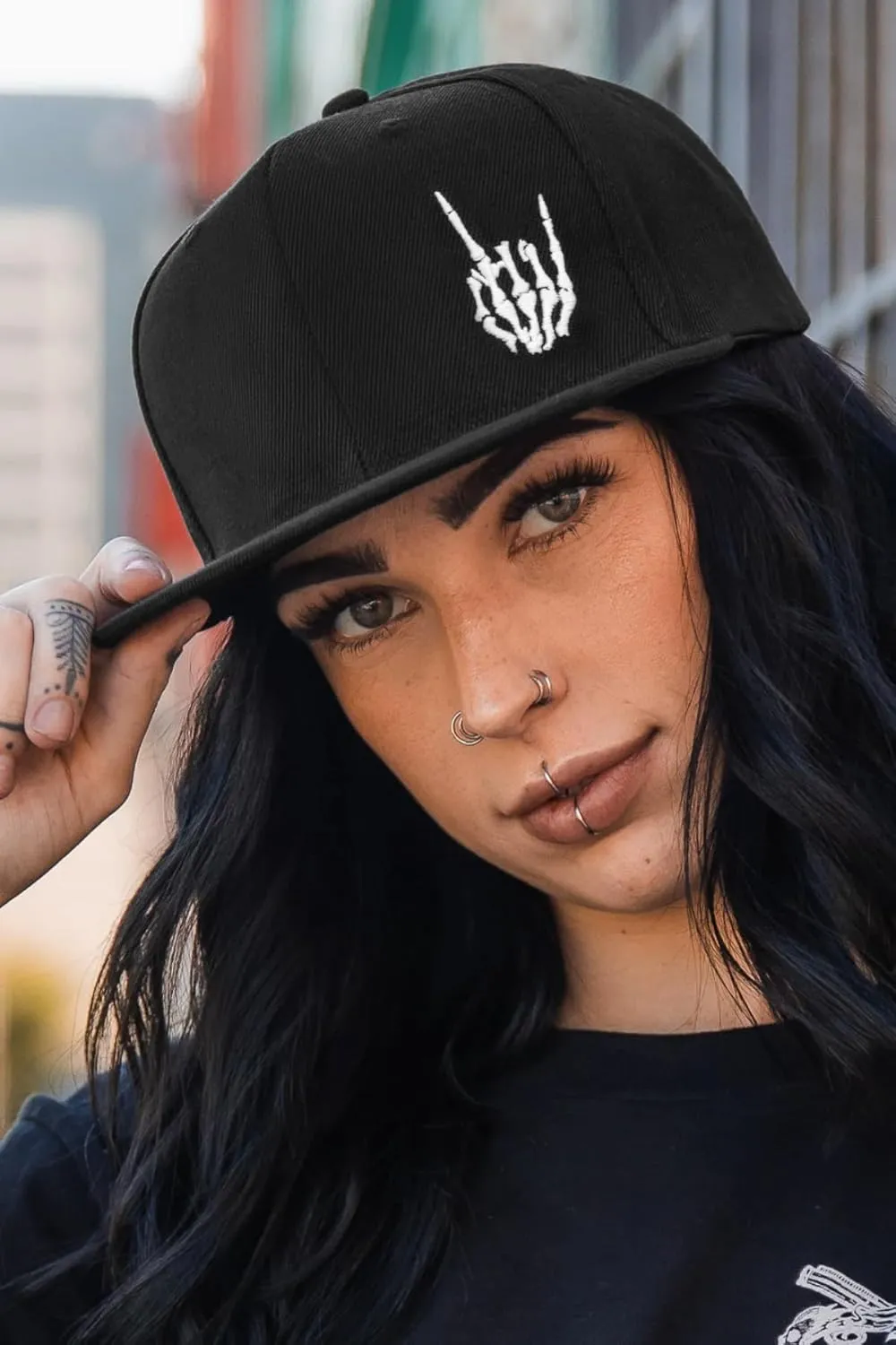 Gothic Skeleton Hand Flat Brim Hat Embroidery Skull Finger Cap Adjustable Snapback