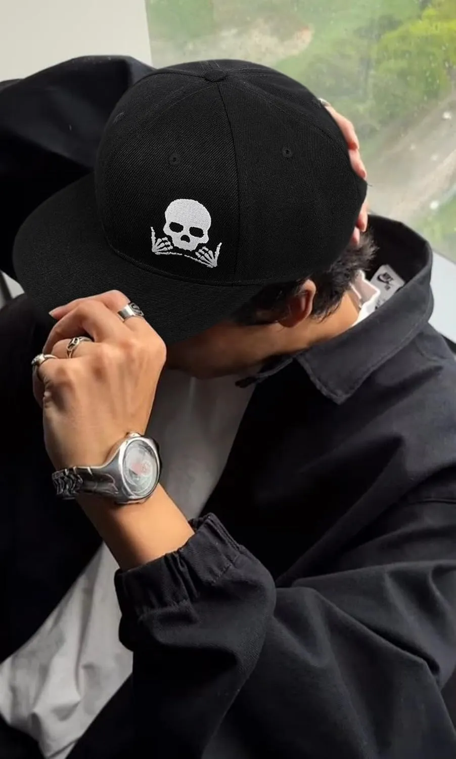 Gothic Skeleton Hand Flat Brim Hat Embroidery Skull Finger Cap Adjustable Snapback