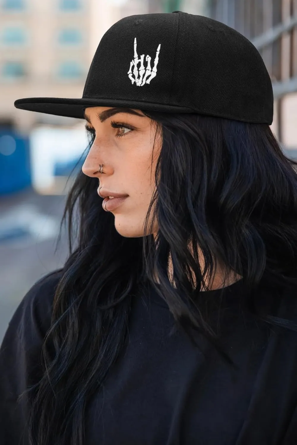Gothic Skeleton Hand Flat Brim Hat Embroidery Skull Finger Cap Adjustable Snapback