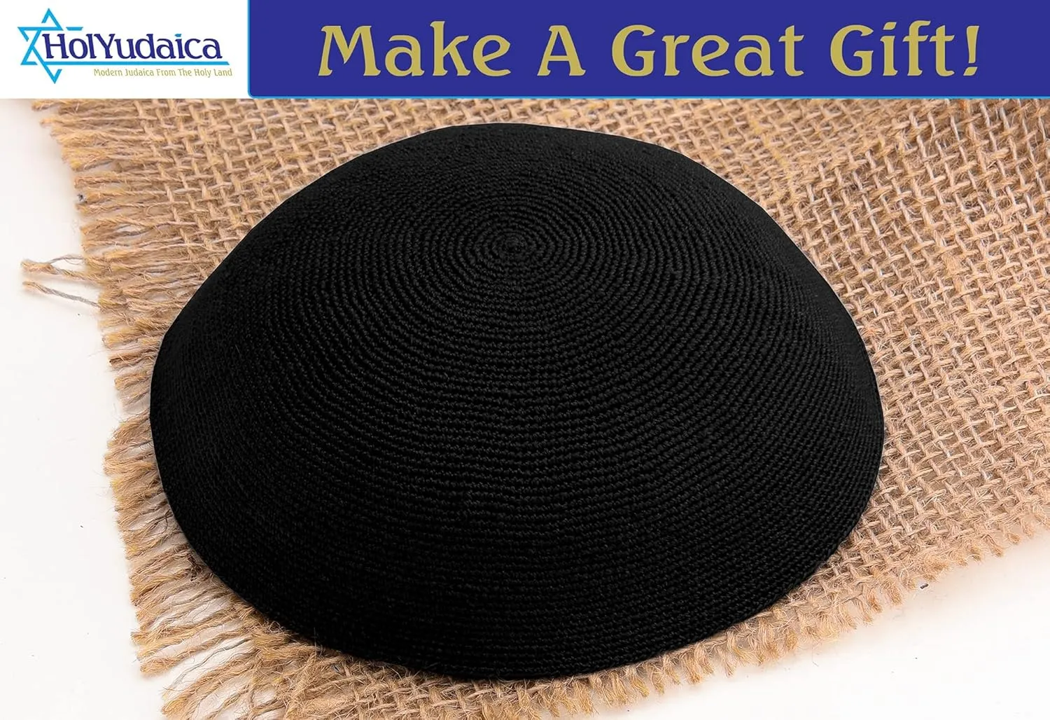 Hand Made 100% Cotton DMC Hand Knitted Kippah Hat from Israel, Hats for Men, Yarmulke Hat, Kippah for Men and Kids (Black, 21cm-8.3inch-Flat)