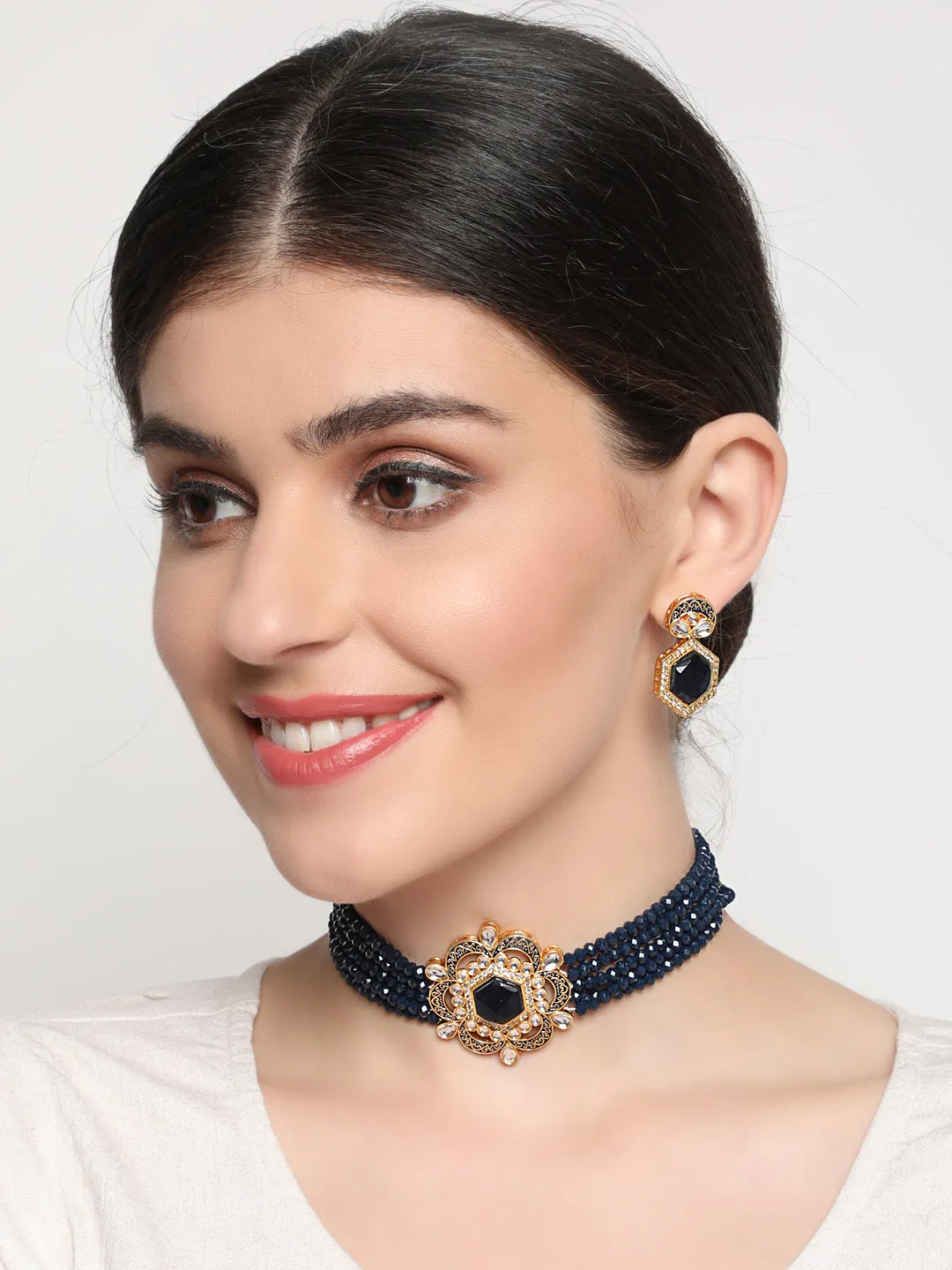 Jazz And Sizzle Blue Kundan Studded & Gold Plated Minakari Choker Set