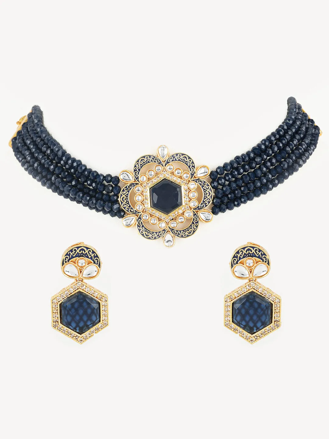Jazz And Sizzle Blue Kundan Studded & Gold Plated Minakari Choker Set