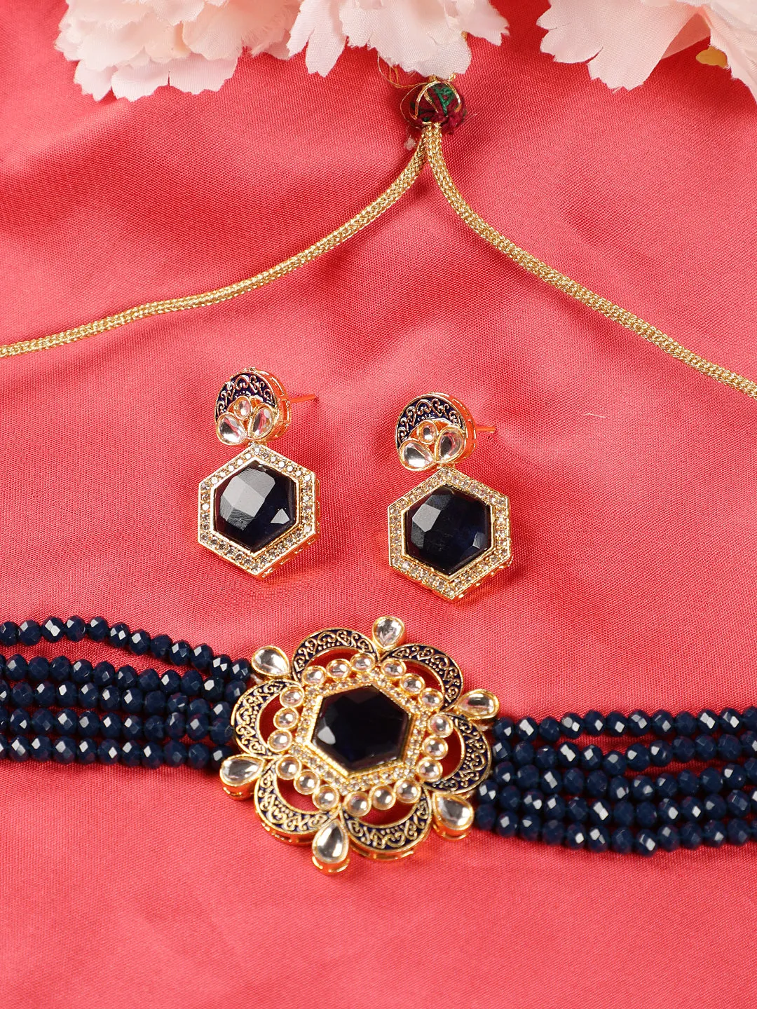 Jazz And Sizzle Blue Kundan Studded & Gold Plated Minakari Choker Set